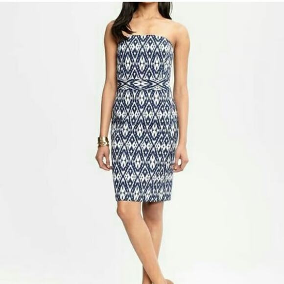 Banana Republic Women's Navy Blue Ikat Print Strapless Mini Dress Size 10 - Picture 1 of 7